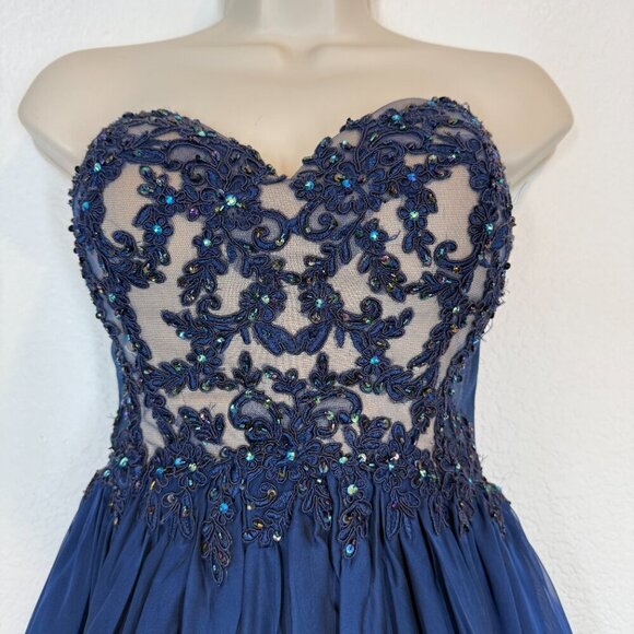 La Femme Formal Gown Cocktail Dress Blue Lace Hi Low Mesh Y2K Back Strapless 6 - Picture 5 of 15